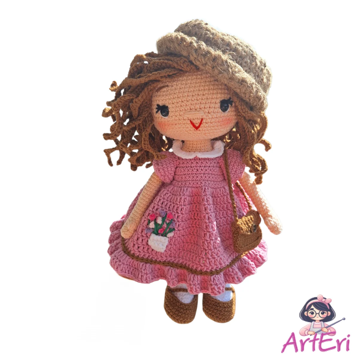 Χειροποίητη πλεκτή κούκλα με ροζ φόρεμα και καπέλο (30cm)
