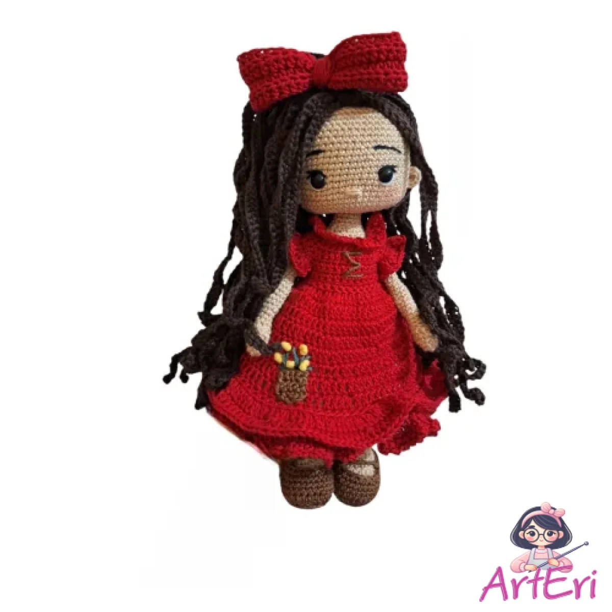Πλεκτή κούκλα με μονόγραμμα και κόκκινο φόρεμα (26cm)