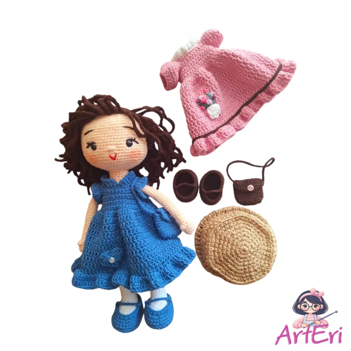 Χειροποίητη πλεκτή κούκλα με σετ 2 φορέματα(30cm)