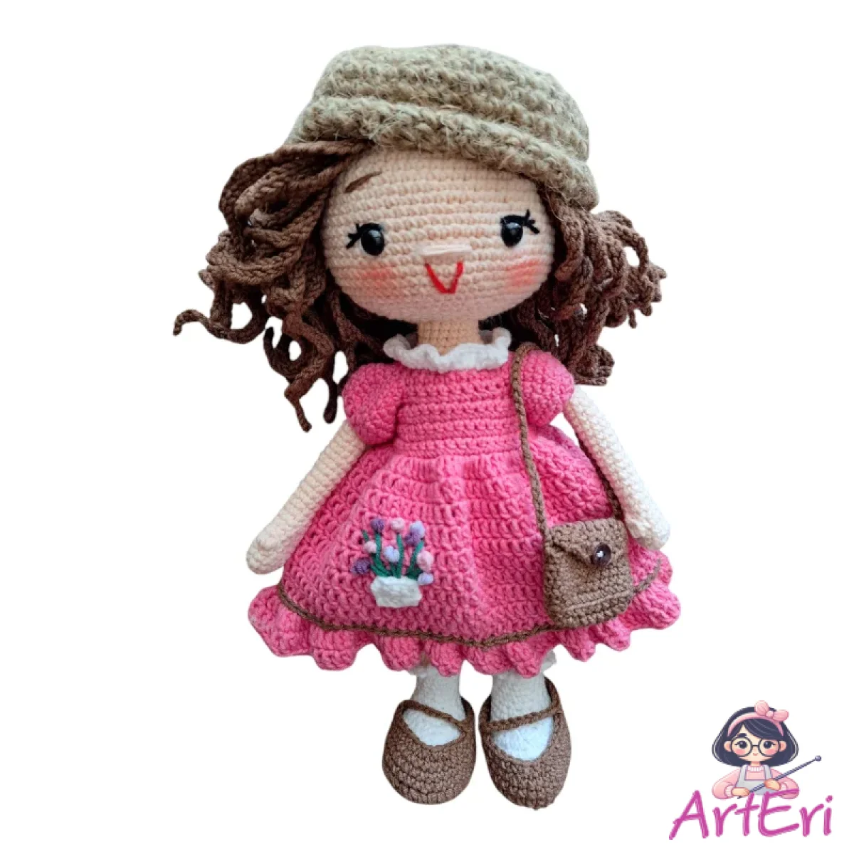 Χειροποίητη πλεκτή κούκλα με φούξια φόρεμα και καπέλο (30cm)